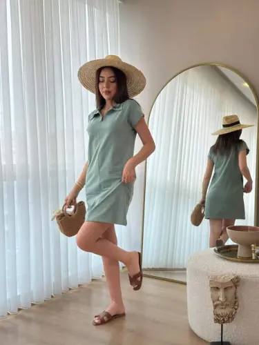 Women's Short Sleeve Collar Viscose Two Thread Dress - 1