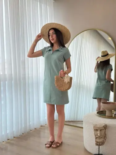 Women's Short Sleeve Collar Viscose Two Thread Dress - 3