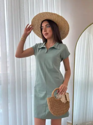 Women's Short Sleeve Collar Viscose Two Thread Dress - 5