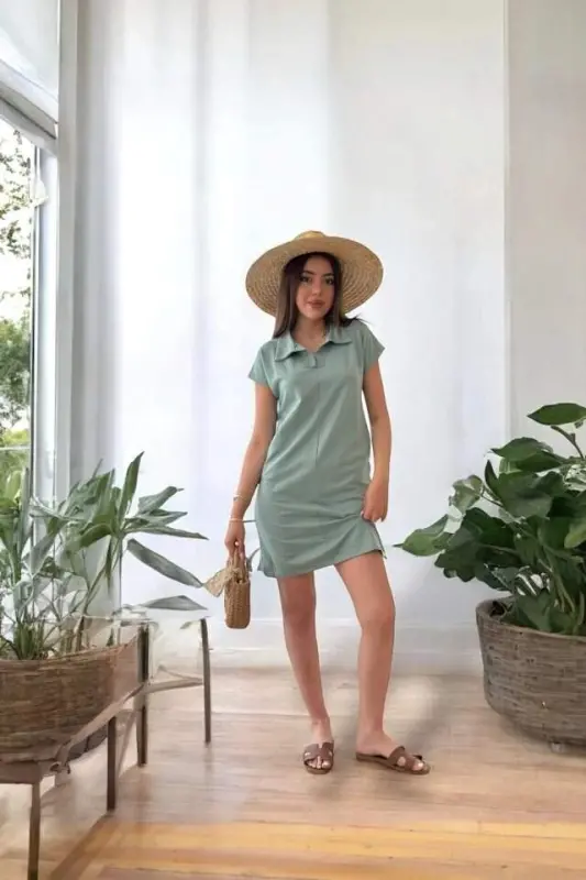 Women's Short Sleeve Collar Viscose Two Thread Dress - 6