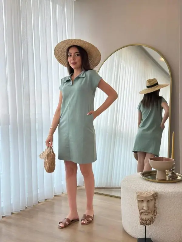 Women's Short Sleeve Collar Viscose Two Thread Dress - 8