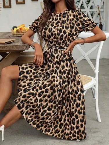 Women's Short Sleeve Collared Belted Leopard Print Midi Interlock Dress - 1