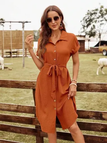 Women's Short Sleeve Collared Button-Down Belted Seersucker Dress - 5