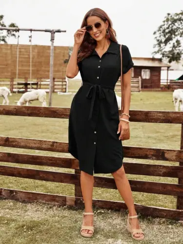Women's Short Sleeve Collared Button-front Belted Seersucker Dress - 5