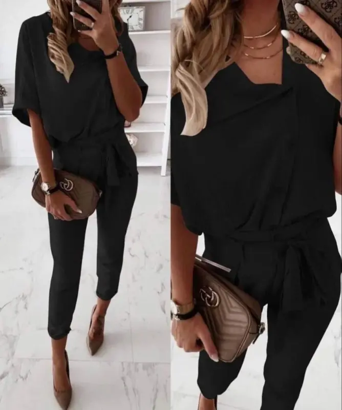 Women's Short Sleeve Collared Button-Front Crinkle Blouse and Pants Two-Piece Set - BÜYÜKBEDENIZ