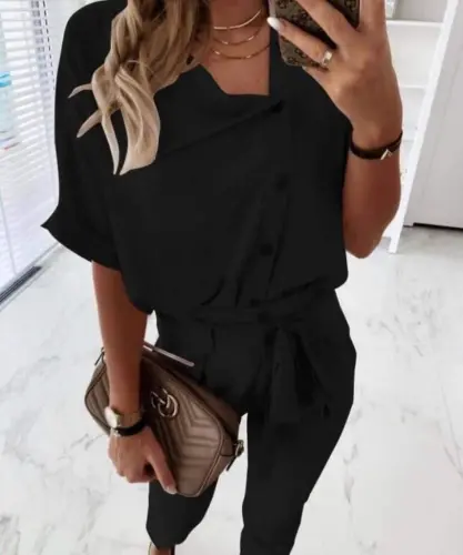 Women's Short Sleeve Collared Button-Front Crinkle Blouse and Pants Two-Piece Set - 3