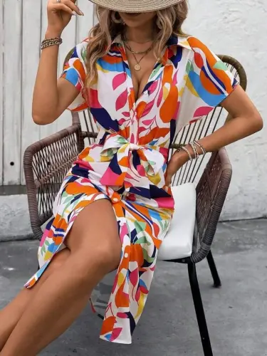 Women's Short Sleeve Collared Button-front Draped Front Patterned Supreme Dress - BÜYÜKBEDENIZ (1)