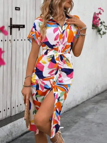 Women's Short Sleeve Collared Button-front Draped Front Patterned Supreme Dress - 6