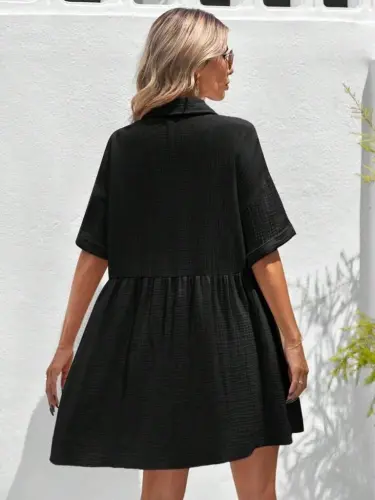 Women's Short Sleeve Collared Button Front Short Seersucker Dress - 3
