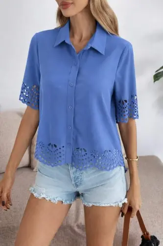 Women's Short Sleeve Collared Front Buttoned Dubai Shirt Blouse - 1