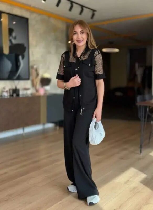 Women's Short Sleeve Collared Front Buttoned Mesh Detailed Modal Jacket And Trousers Two-Piece Set - 1