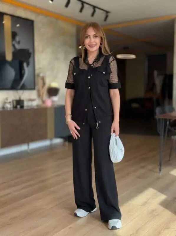 Women's Short Sleeve Collared Front Buttoned Mesh Detailed Modal Jacket And Trousers Two-Piece Set - 2