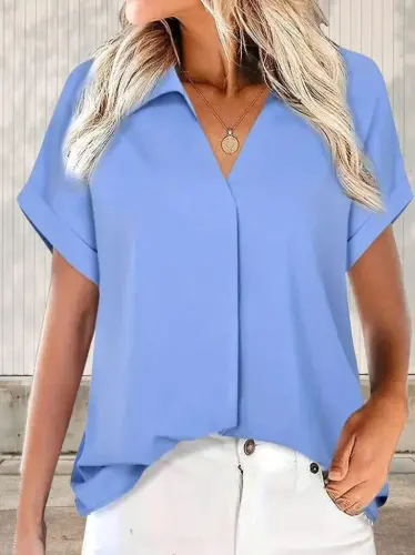Women's Short Sleeve Collared Long Sandy Blouse - 1