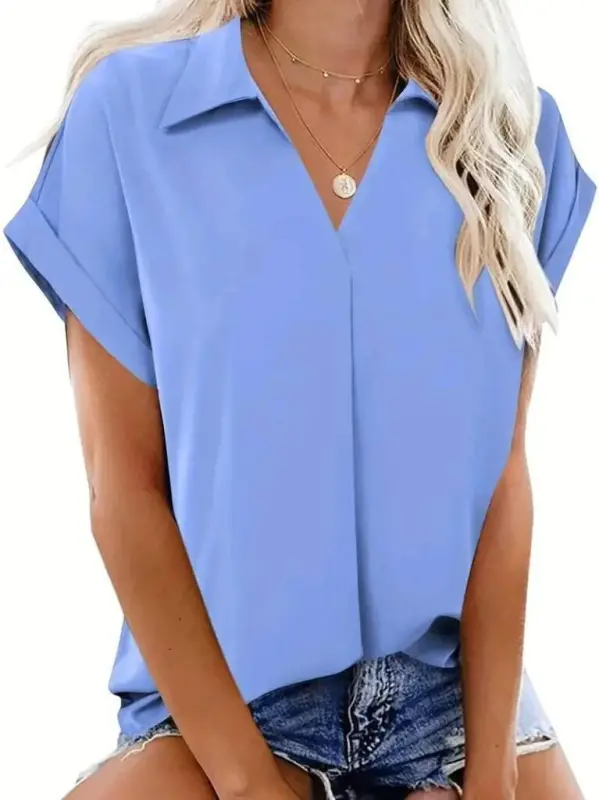 Women's Short Sleeve Collared Long Sandy Blouse - 3
