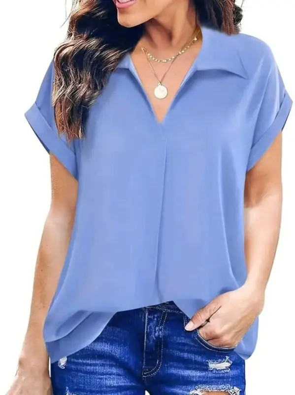Women's Short Sleeve Collared Long Sandy Blouse - 4