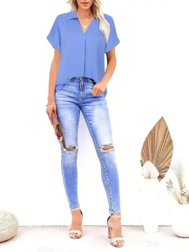 Women's Short Sleeve Collared Long Sandy Blouse - 5