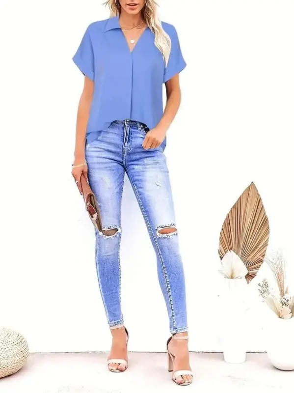 Women's Short Sleeve Collared Long Sandy Blouse - 5