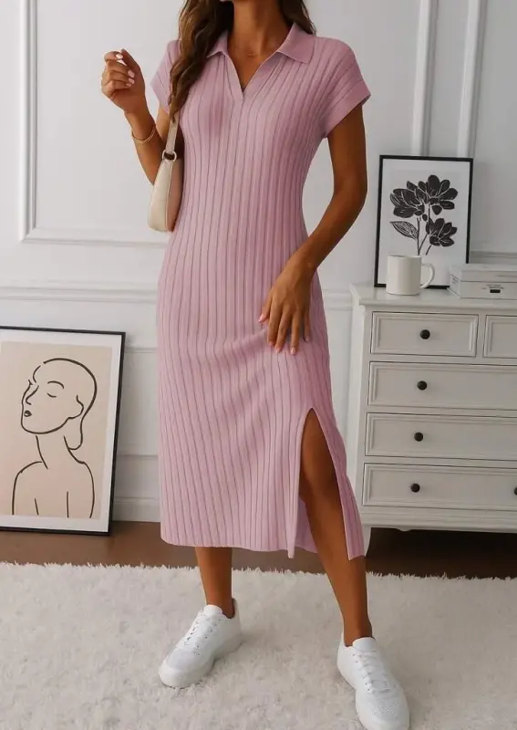 Women's Short Sleeve Collared Slit Side Ribbed Knit Dress - 1