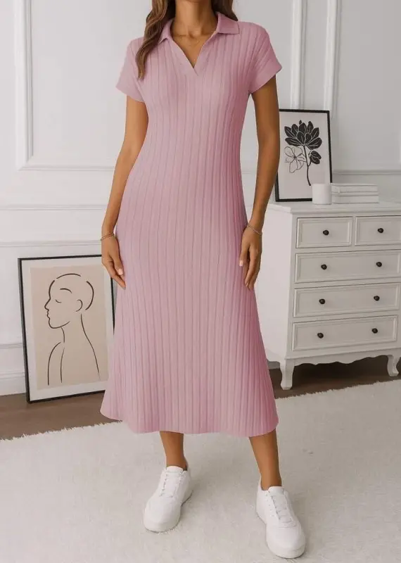 Women's Short Sleeve Collared Slit Side Ribbed Knit Dress - 2