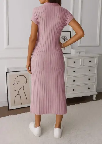 Women's Short Sleeve Collared Slit Side Ribbed Knit Dress - 3