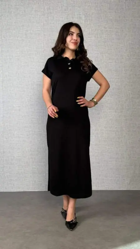 Women's Short Sleeve Collared Slit Side Viscose Two Thread Dress - 1