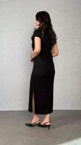 Women's Short Sleeve Collared Slit Side Viscose Two Thread Dress - 3