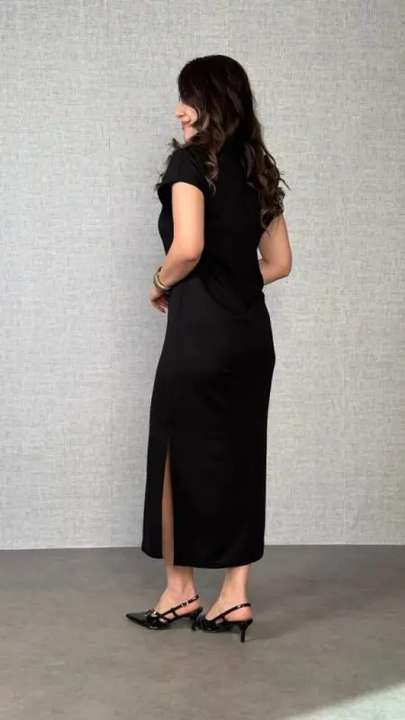 Women's Short Sleeve Collared Slit Side Viscose Two Thread Dress - 3