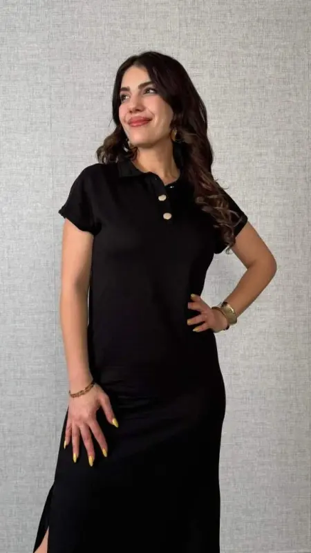 Women's Short Sleeve Collared Slit Side Viscose Two Thread Dress - 2
