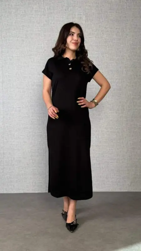 Women's Short Sleeve Collared Slit Side Viscose Two Thread Dress - 4