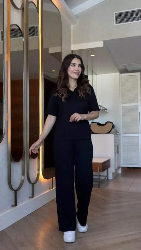 Women's Short Sleeve Collared Viscose Two-Thread Blouse and Pants Two-Piece Set - 4