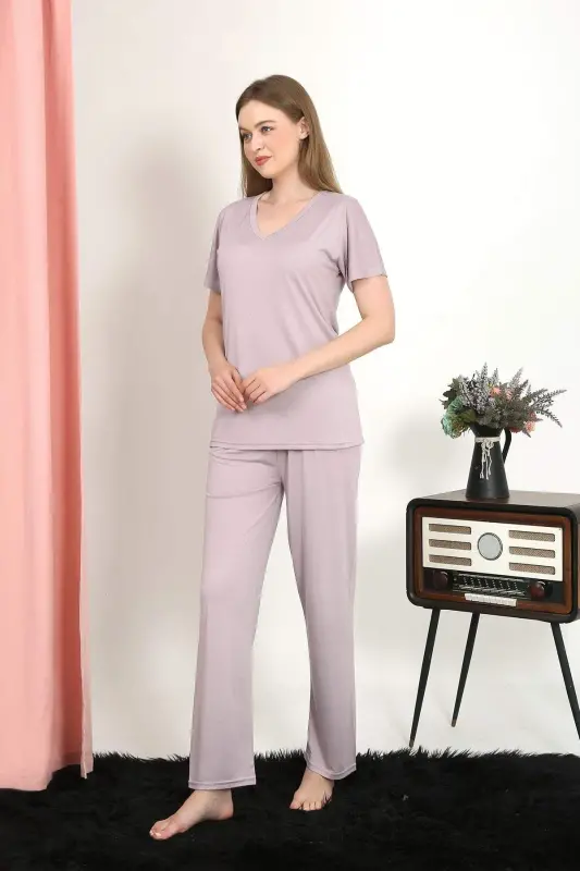 Women's Short Sleeve Cotton Knit Pajama Set Powder 4213 - BÜYÜKBEDENIZ