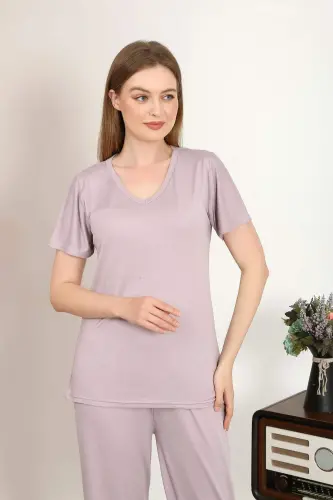 Women's Short Sleeve Cotton Knit Pajama Set Powder 4213 - BÜYÜKBEDENIZ (1)