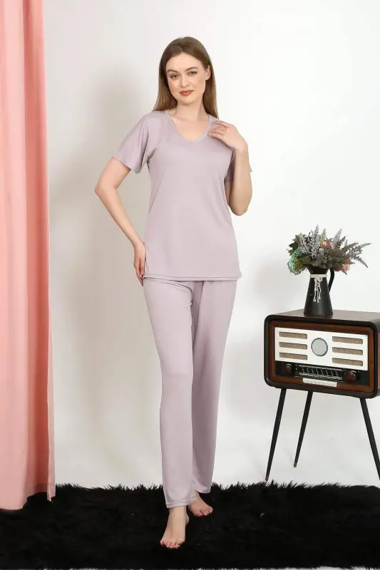 Women's Short Sleeve Cotton Knit Pajama Set Powder 4213 - 4