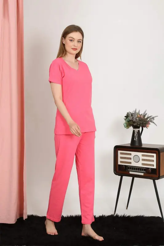 Women's Short Sleeve Cotton Pajamas Set in Fuchsia 4213 - BÜYÜKBEDENIZ