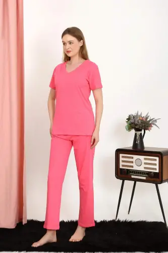 Women's Short Sleeve Cotton Pajamas Set in Fuchsia 4213 - 2