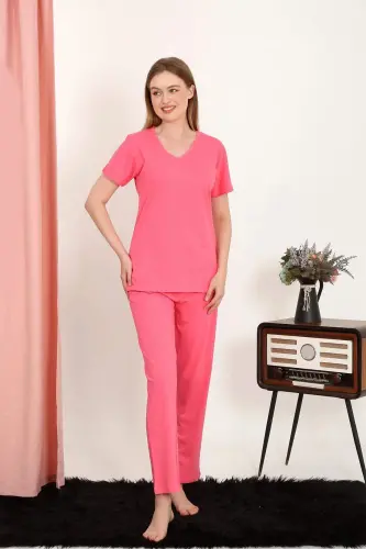 Women's Short Sleeve Cotton Pajamas Set in Fuchsia 4213 - 3