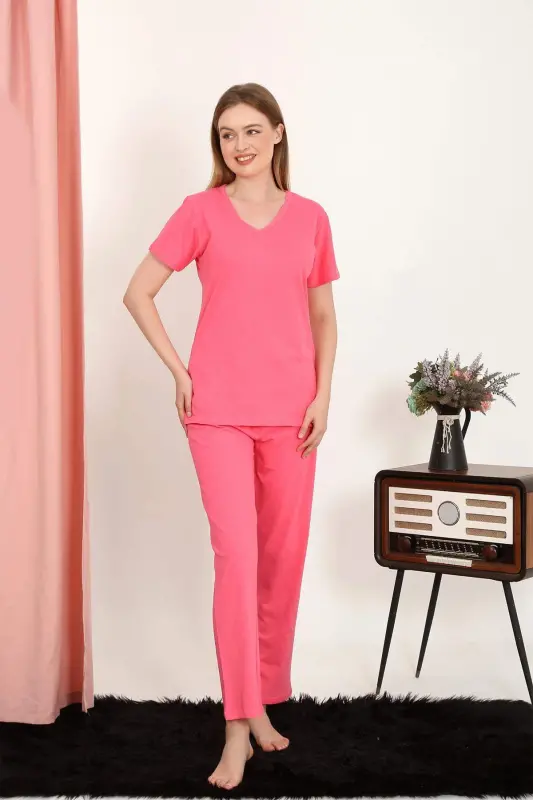 Women's Short Sleeve Cotton Pajamas Set in Fuchsia 4213 - 3