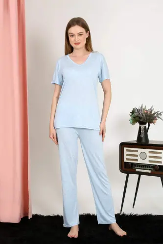 Women's Short Sleeve Cotton Penye Pajama Set Blue 4213 - 1