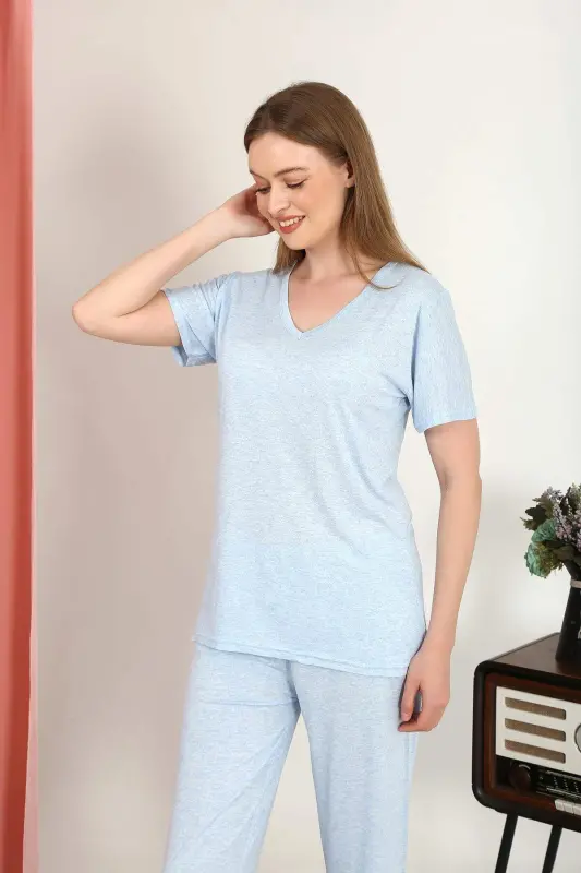 Women's Short Sleeve Cotton Penye Pajama Set Blue 4213 - 5