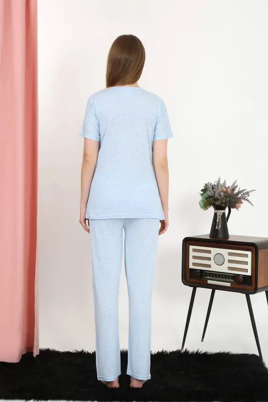 Women's Short Sleeve Cotton Penye Pajama Set Blue 4213 - 6