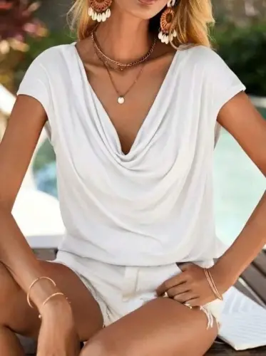 Women's Short Sleeve Cowl Neck Viscose Blouse - 1