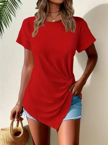 Women's Short Sleeve Crew Neck Asymmetric Cut Detailed Viscose Blouse - 3