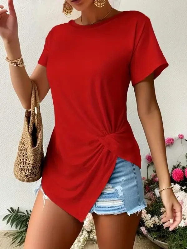 Women's Short Sleeve Crew Neck Asymmetric Cut Detailed Viscose Blouse - 4