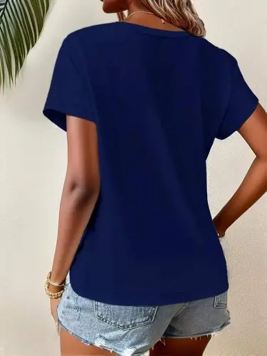 Women's Short Sleeve Crew Neck Asymmetric Cut Detailed Viscose Blouse - 4