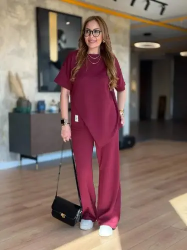 Women's Short Sleeve Crew Neck Asymmetric Viscose Two Thread Blouse And Pants Set - 1