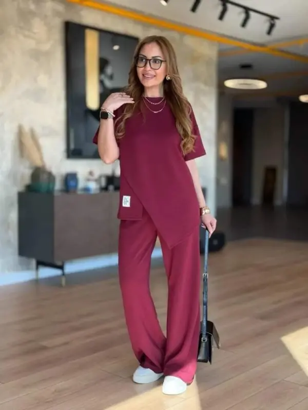 Women's Short Sleeve Crew Neck Asymmetric Viscose Two Thread Blouse And Pants Set - 2