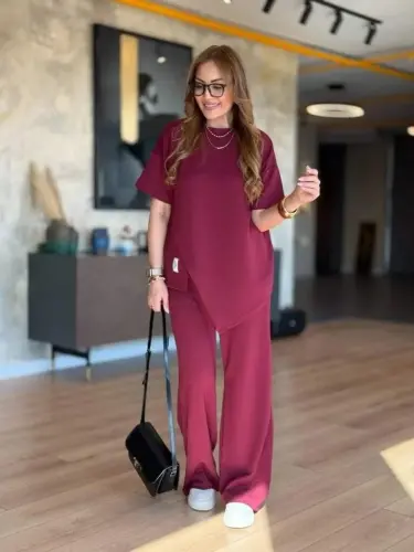 Women's Short Sleeve Crew Neck Asymmetric Viscose Two Thread Blouse And Pants Set - 3