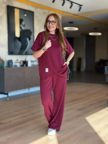 Women's Short Sleeve Crew Neck Asymmetric Viscose Two Thread Blouse And Pants Set - 4