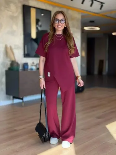 Women's Short Sleeve Crew Neck Asymmetric Viscose Two Thread Blouse And Pants Set - 5