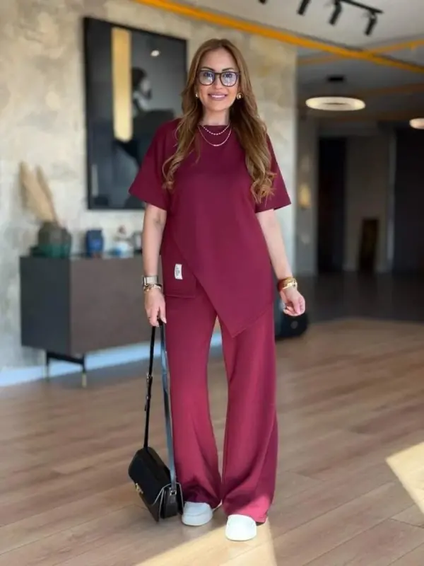 Women's Short Sleeve Crew Neck Asymmetric Viscose Two Thread Blouse And Pants Set - 5